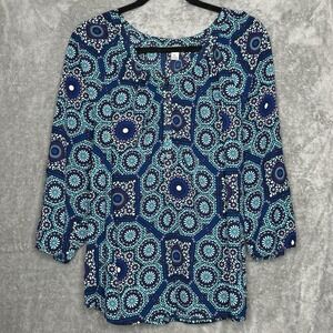 Croft & Barrow XL Shirt Top Blue Paisley 3/4 Sleeve Henley Scoop Neck Womens